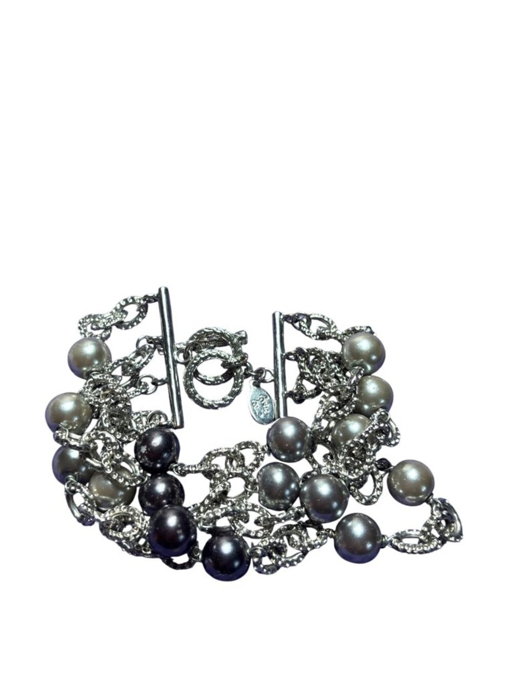 4 Strand Silvertone Chain Bracelet Glass Faux Pearls Grey Blue Toggle Clasp